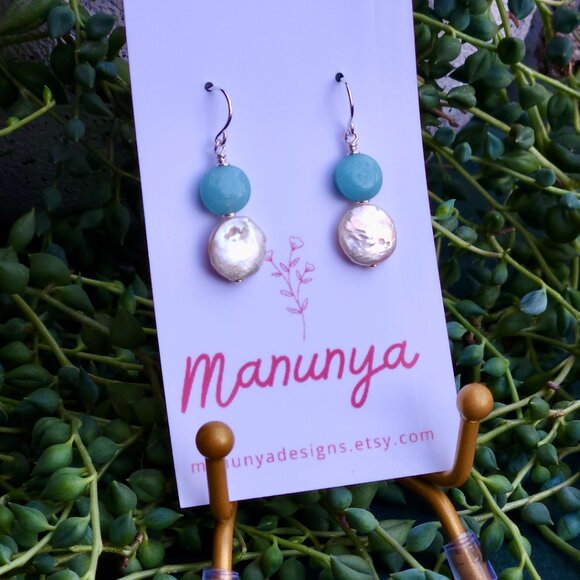 Coin Pearl Cuties - Semi-Precious Amazonite & Coin Pearl Earrings - Picture 3 of 6